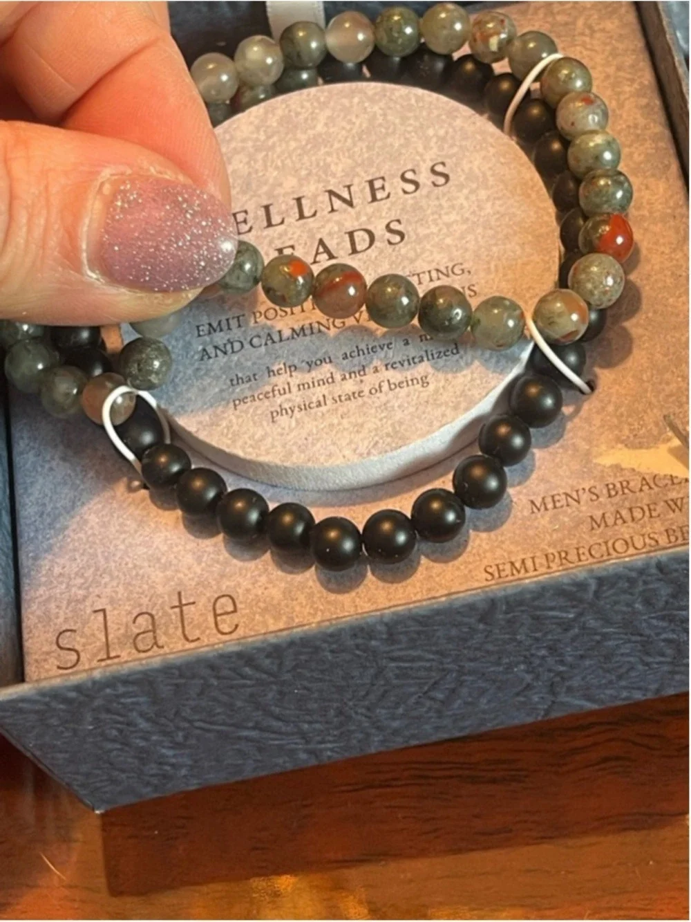 Slate Wellness Beads Men's Bracelet double-strands Semiprecious Agate Stones